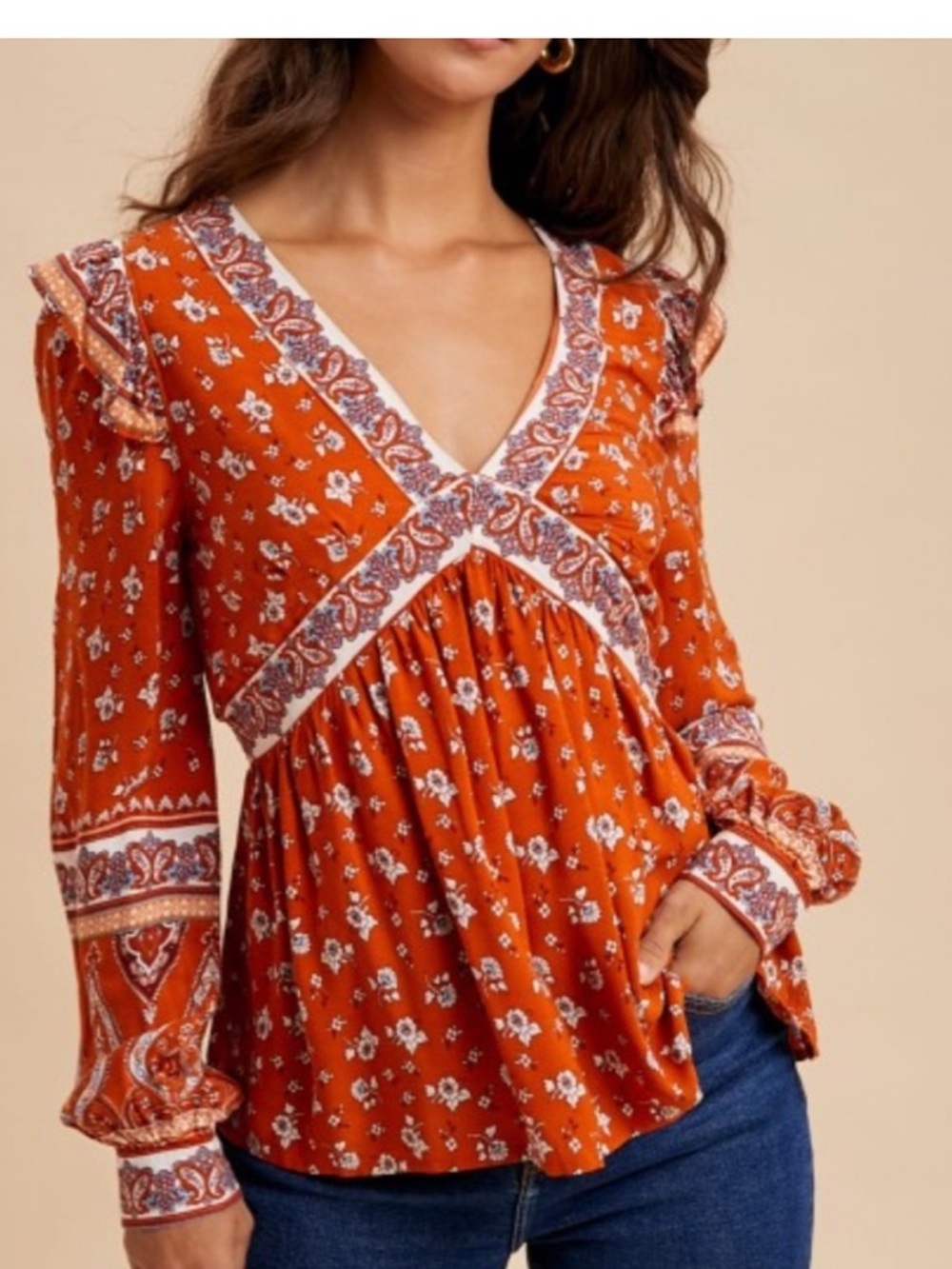 NWT Boho Rust Floral V-Neck Blouse with Paisley Trim